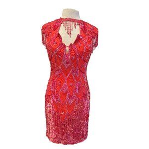 Vintage Gunit 80s Red Beaded Fringe Cocktail Dress With Open Back & High Necklin